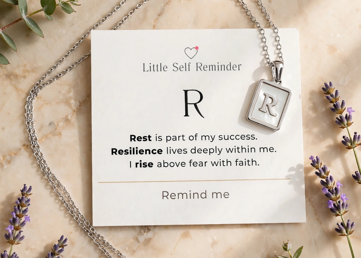 A silver initial 'R' pendant necklace on a matching chain, displayed on a white card that reads 'Little Self Reminder' with a motivational quote.