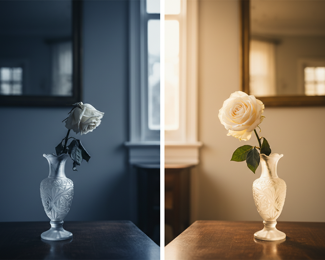 A split-screen comparison of a single white ceramic vase holding a white rose, shown in two different lighting environments