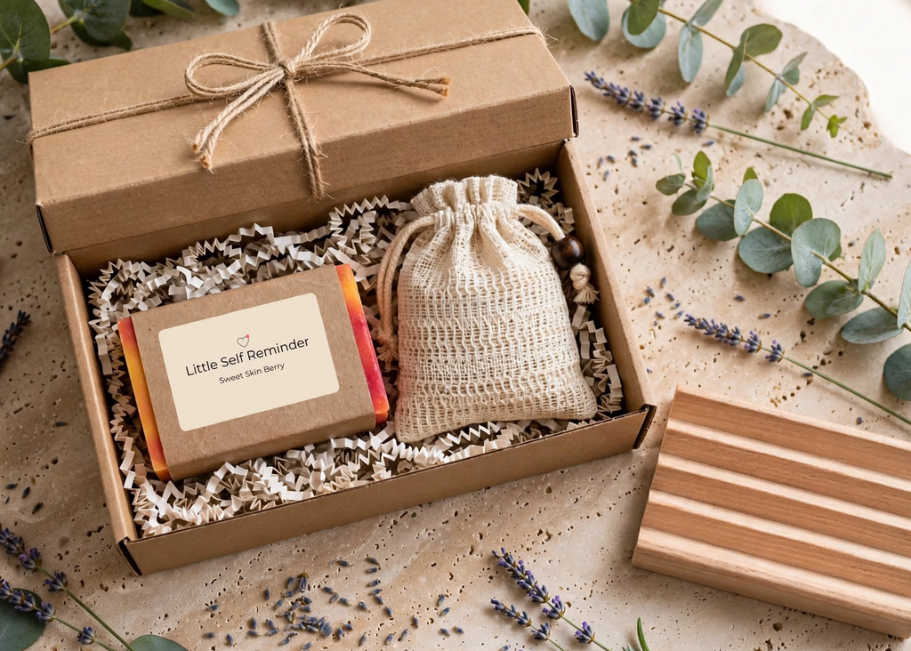 A gift set in a kraft paper box with a ribbon bow, containing a small soap bar labeled 'Little Self Reminder'.