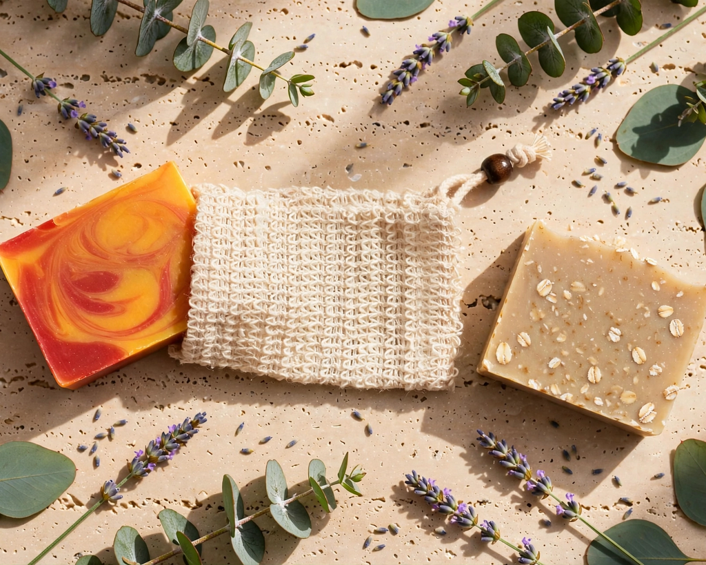 Three artisanal soap bars arranged on a textured beige surface with eucalyptus leaves and lavender sprigs.