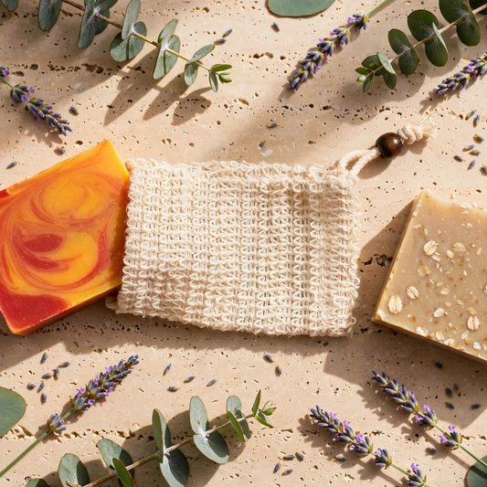 Three artisanal soap bars arranged on a textured beige surface with eucalyptus leaves and lavender sprigs.
