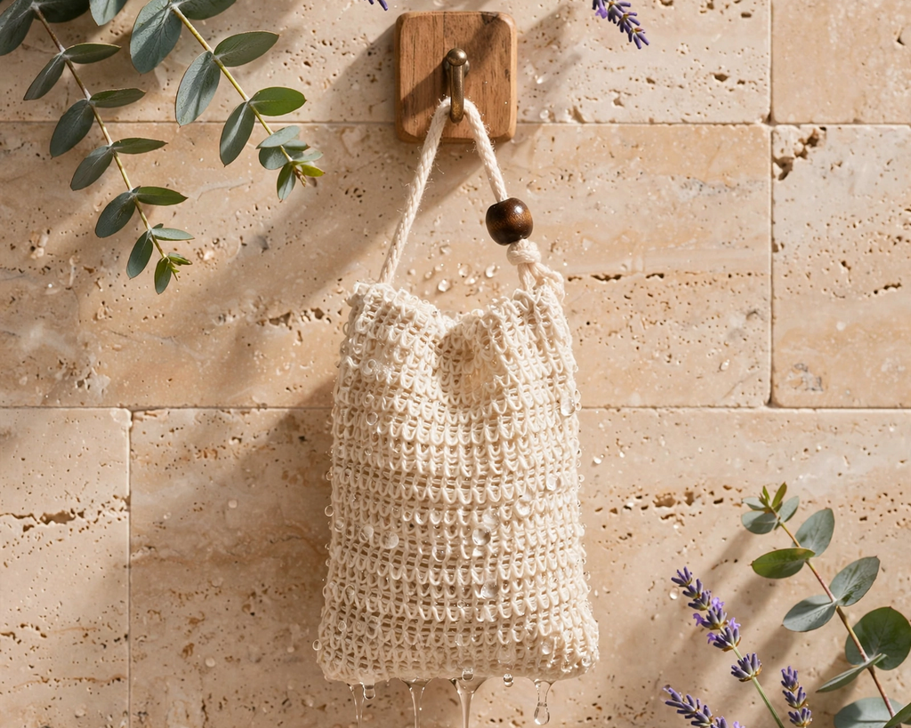 A cream-colored crocheted drawstring pouch with a wooden bead accent hangs from a wooden peg on a beige travertine tile wall, surrounded by decorative eucalyptus and lavender sprigs.
