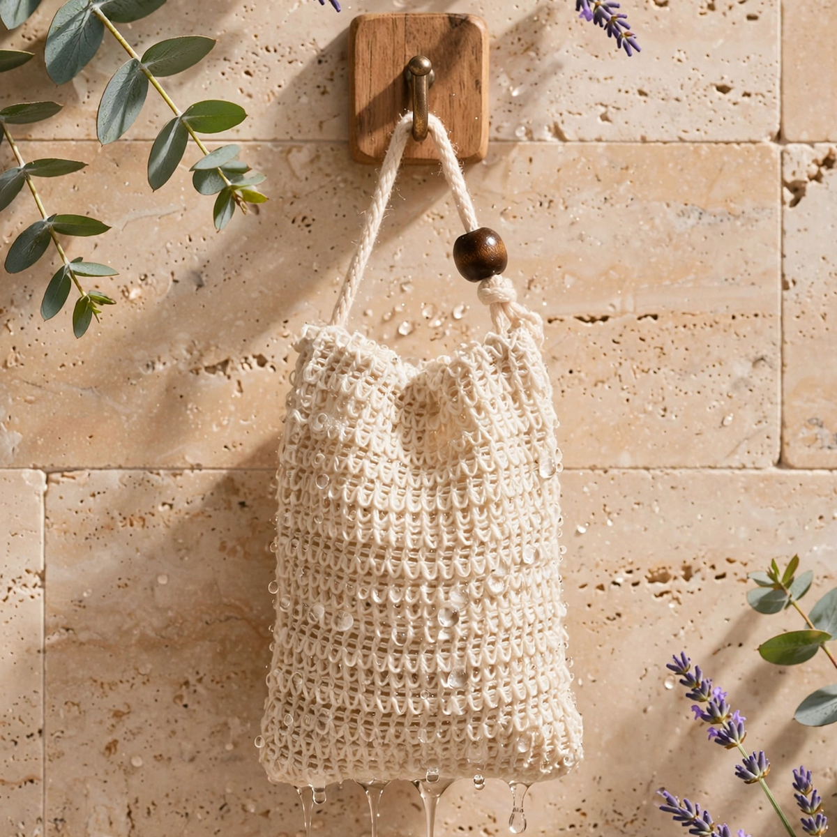 A cream-colored crocheted drawstring pouch with a wooden bead accent hangs from a wooden peg on a beige travertine tile wall, surrounded by decorative eucalyptus and lavender sprigs.