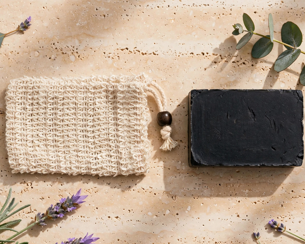 A natural woven cotton soap sponge with a drawstring and wooden bead lies next to a rectangular bar of dark soap on a textured beige stone surface, styled with eucalyptus and lavender sprigs.