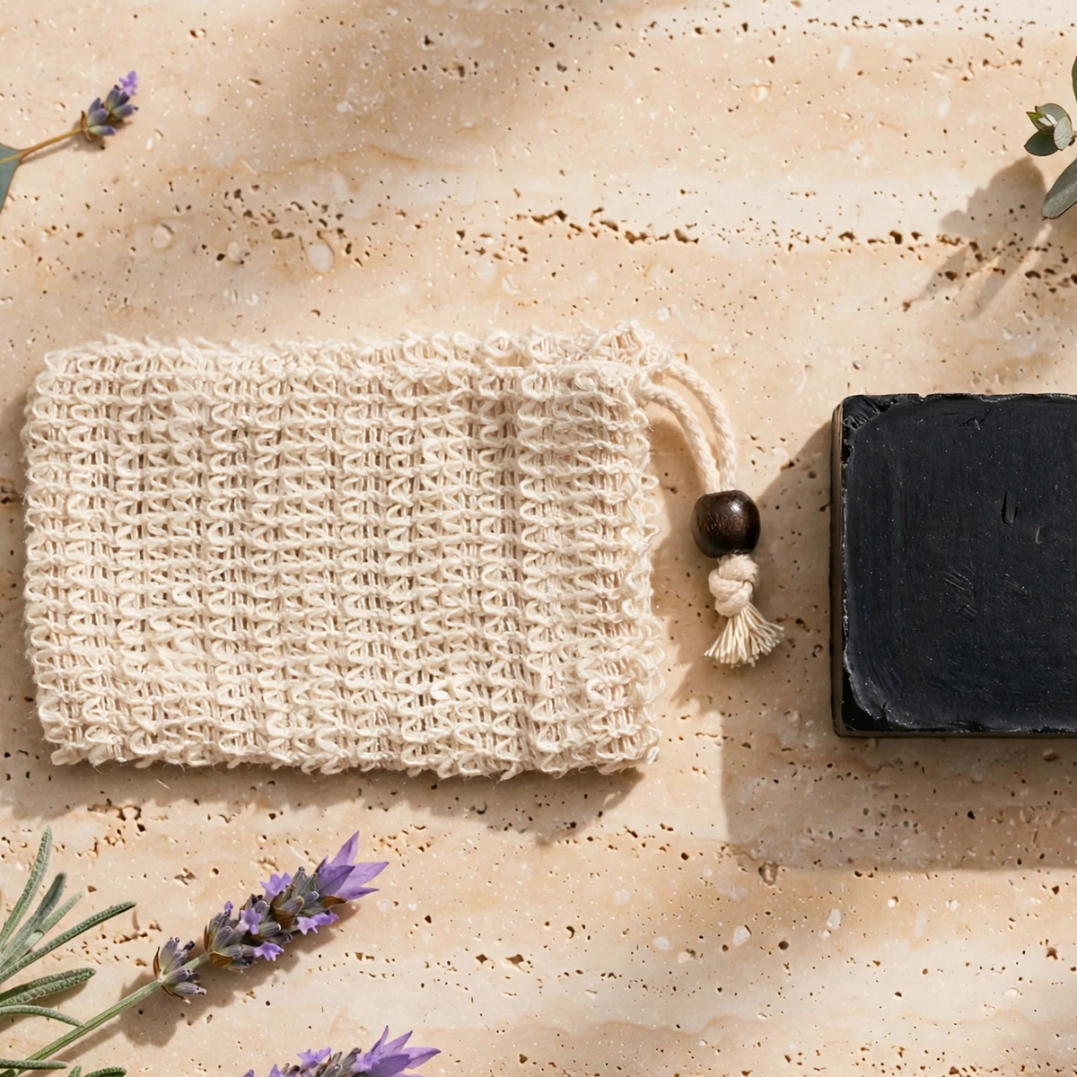 A natural woven cotton soap sponge with a drawstring and wooden bead lies next to a rectangular bar of dark soap on a textured beige stone surface, styled with eucalyptus and lavender sprigs.