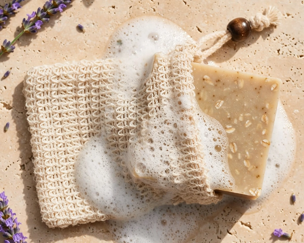 A natural beige woven mesh soap sponge holding a bar of soap, with lathered foam around it, arranged on a sandy surface with lavender sprigs, eucalyptus leaves, and small lavender buds.