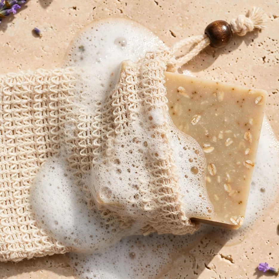 A natural beige woven mesh soap sponge holding a bar of soap, with lathered foam around it, arranged on a sandy surface with lavender sprigs, eucalyptus leaves, and small lavender buds.
