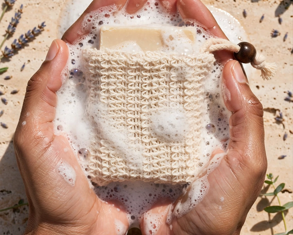 A pair of hands holding a small woven natural-fiber soap bag filled with lather over a bar of soap, set against a sandy background with eucalyptus and lavender sprigs.