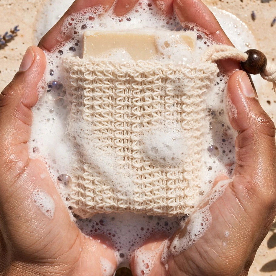 A pair of hands holding a small woven natural-fiber soap bag filled with lather over a bar of soap, set against a sandy background with eucalyptus and lavender sprigs.