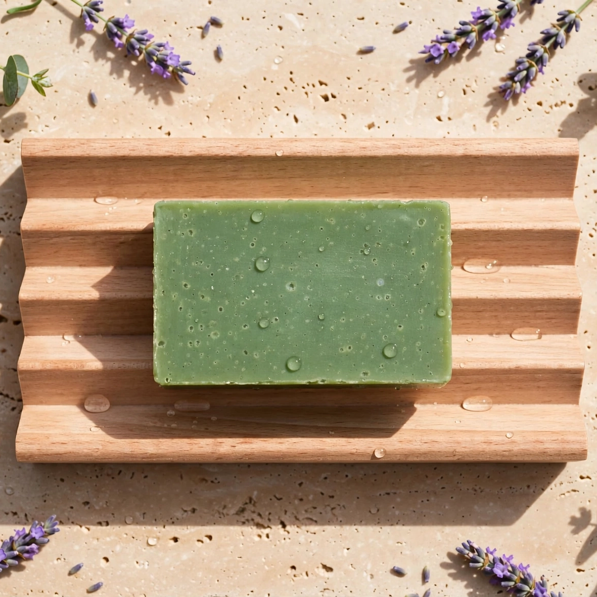 A rectangular green bar of soap with water droplets sits on a light wood soap dish, arranged on a sandy beige surface with eucalyptus leaves and lavender sprigs around it.
