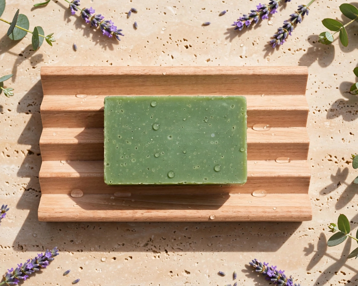 A rectangular green bar of soap with water droplets sits on a light wood soap dish, arranged on a sandy beige surface with eucalyptus leaves and lavender sprigs around it.