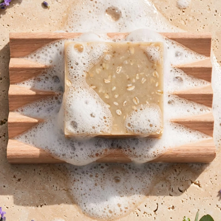 A rectangular bar of beige soap with white lather sits on a wooden soap dish on a sandy surface, surrounded by lavender sprigs, eucalyptus leaves, and small lavender buds.