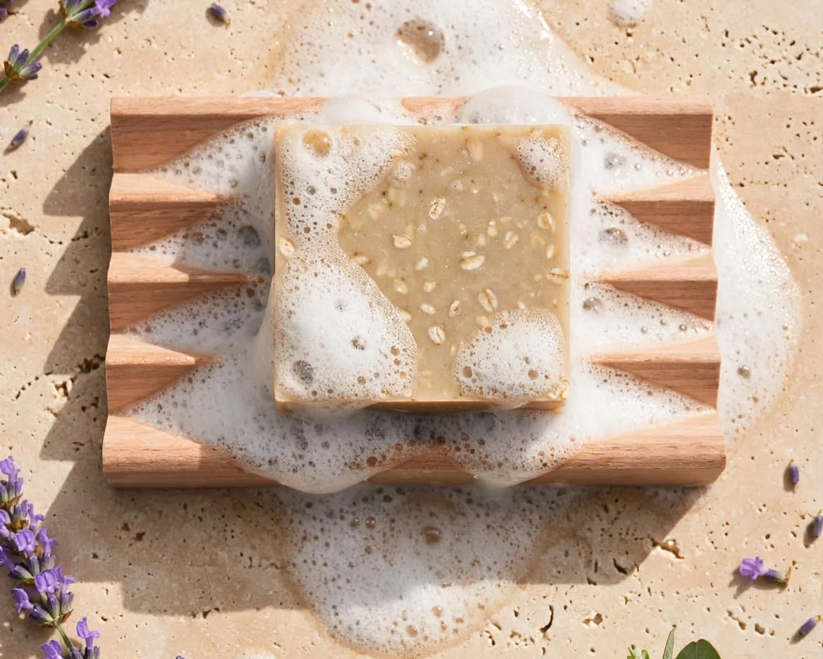 A rectangular bar of beige soap with white lather sits on a wooden soap dish on a sandy surface, surrounded by lavender sprigs, eucalyptus leaves, and small lavender buds.