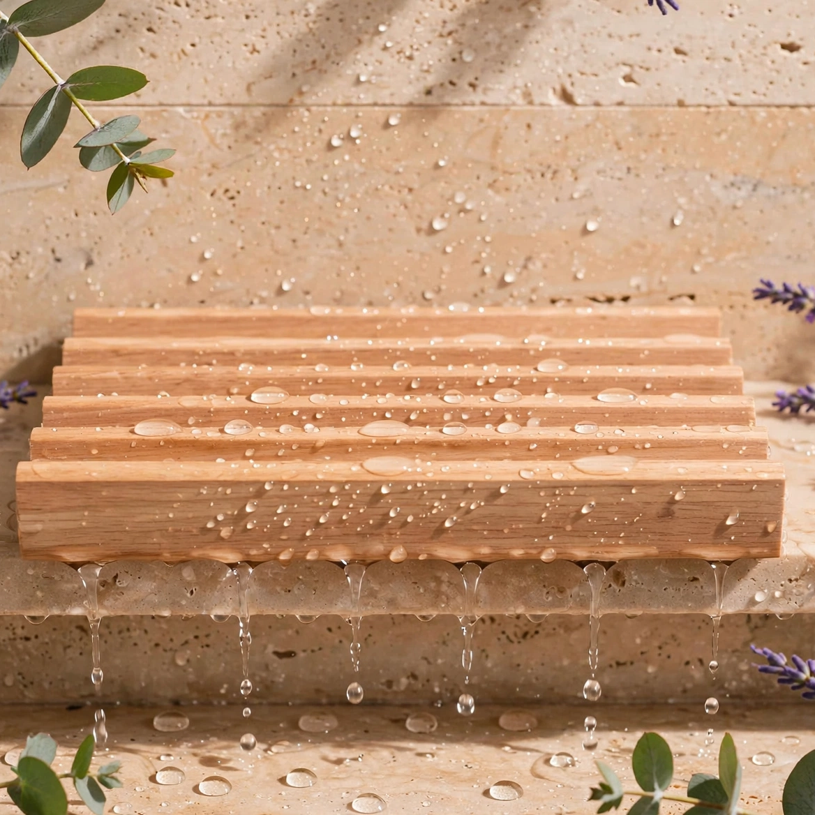 A rectangular wooden soap dish with a slatted, ribbed surface sits on a beige stone surface with water droplets and dripping water.