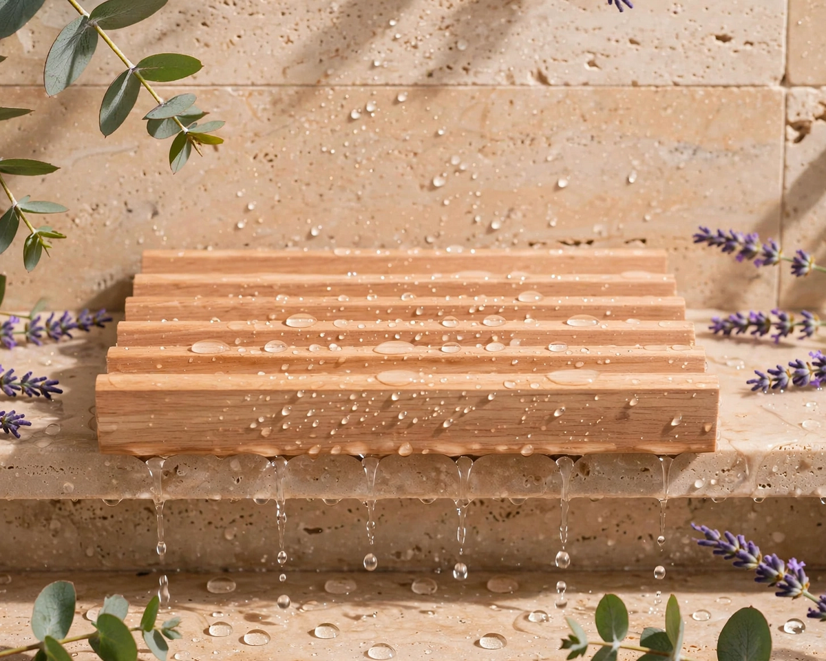 A rectangular wooden soap dish with a slatted, ribbed surface sits on a beige stone surface with water droplets and dripping water.