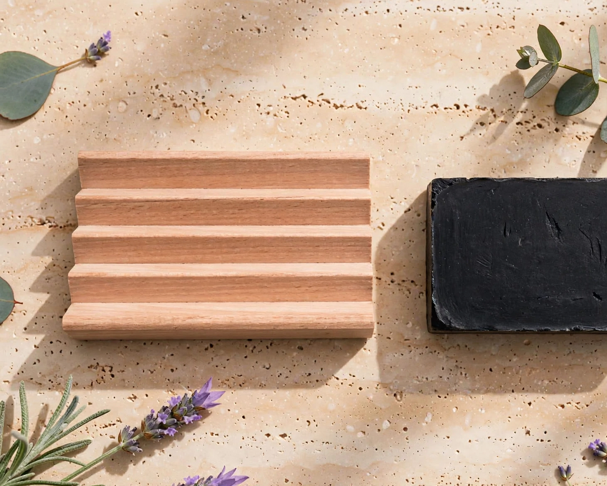 Two handmade rectangular soap bars sit on a textured beige stone surface with botanical props.