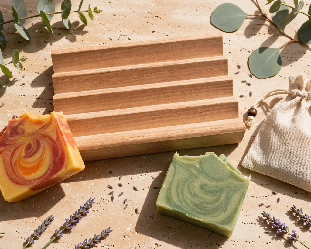 A styled flat-lay of a wooden soap bar set on a sandy surface with eucalyptus and lavender sprigs. 