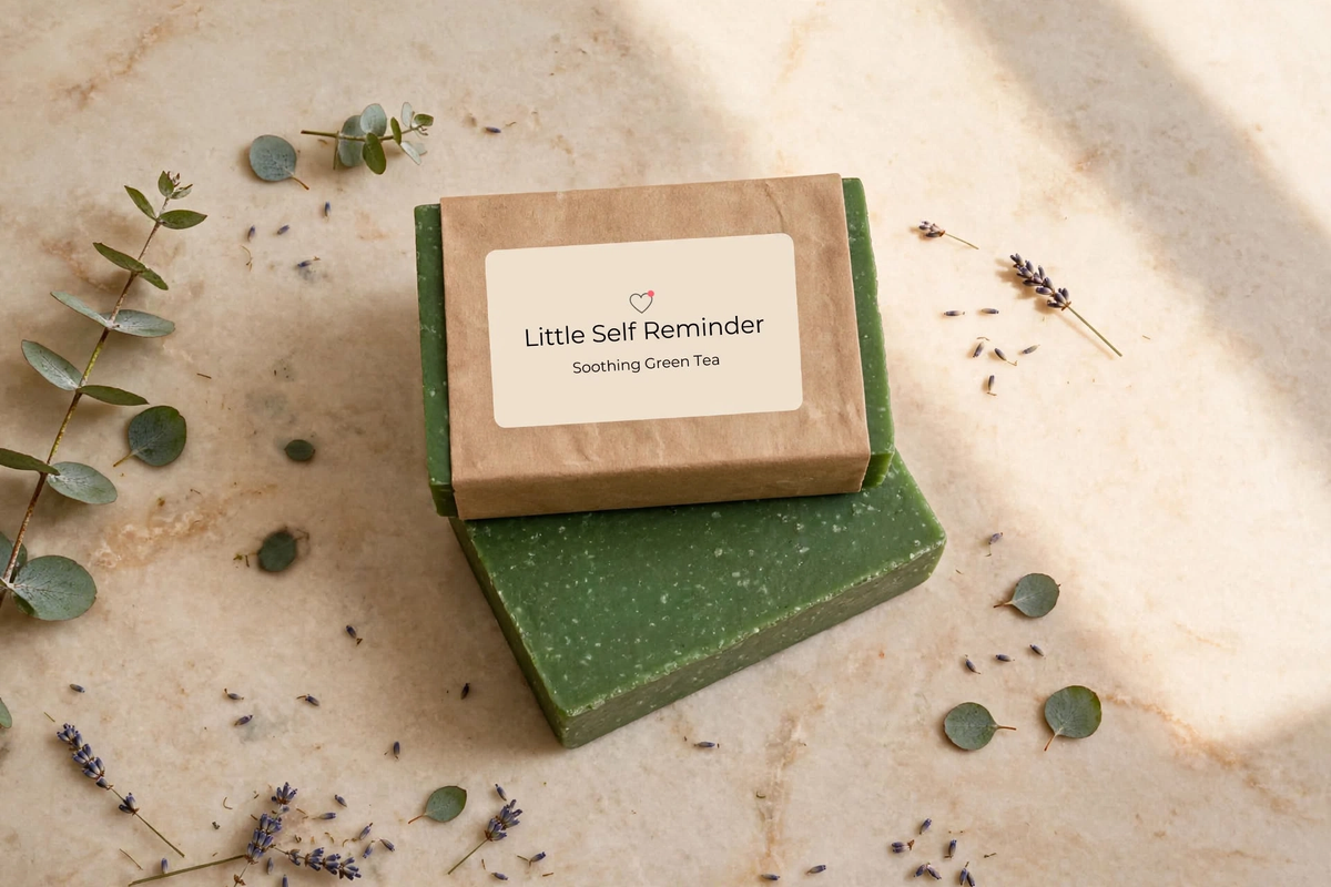 A stacked set of two green soap bars, one wrapped in brown Kraft paper with a cream label reading 'Little Self Reminder Soothing Green Tea'.