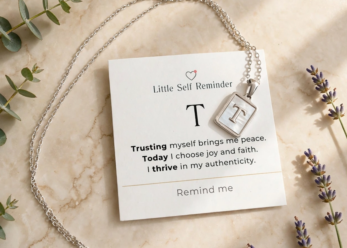 A silver necklace with a square pendant displaying the letter 'T' is draped over a white card that reads 'Little Self Reminder'.