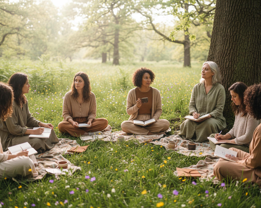 A group of seven people sit in a circle on a blanket in a sunlit grassy park, holding notebooks and pens under a large tree.