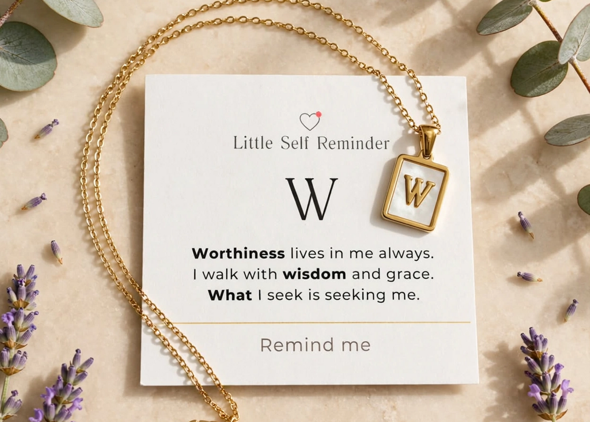 Gold necklace with a square pendant featuring the letter 'W' and a 'Little Self Reminder' card, styled in a flat lay with lavender and eucalyptus on a beige surface.