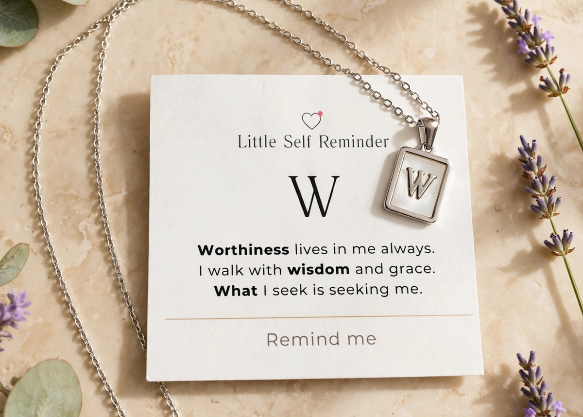 A silver necklace with a square pendant featuring the letter 'W' is displayed on a white card that reads 'Little Self Reminder' with a quote starting with 'W'.