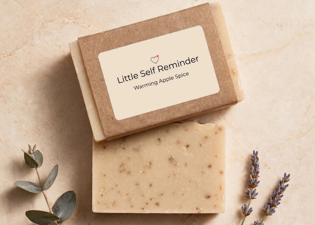 A bar of soap labeled 'Little Self Reminder' and 'Warming Apple Spice' stacked on top of its Kraft paper box.